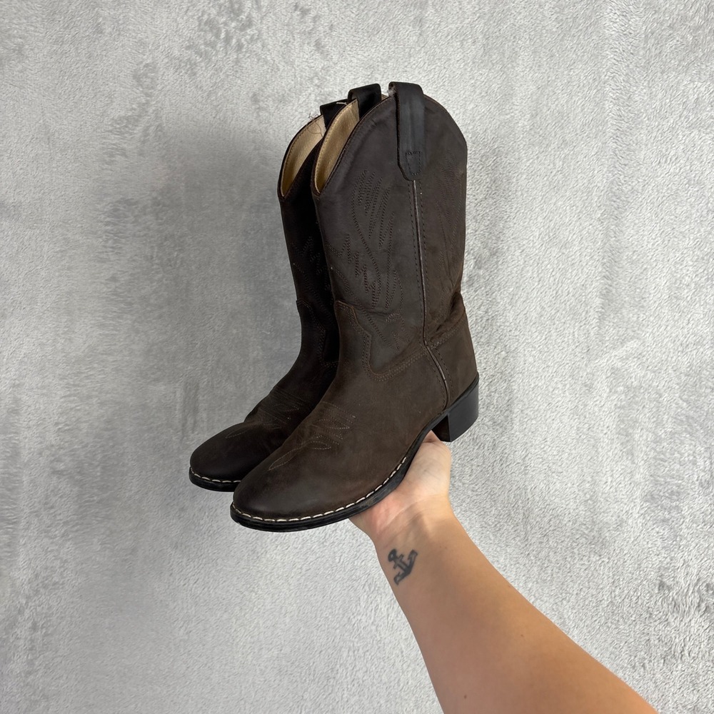 Old West Kids Dark Brown Leather Western Cowboy Boots 1151 Round Toe Size 3Y